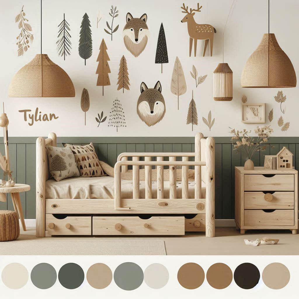 Theme deco pour une chambre denfant portant le prenom tylian avec des couleurs naturelles comme le vert sapin le beige et le marron des lampes en forme danimaux un lit cabane avec