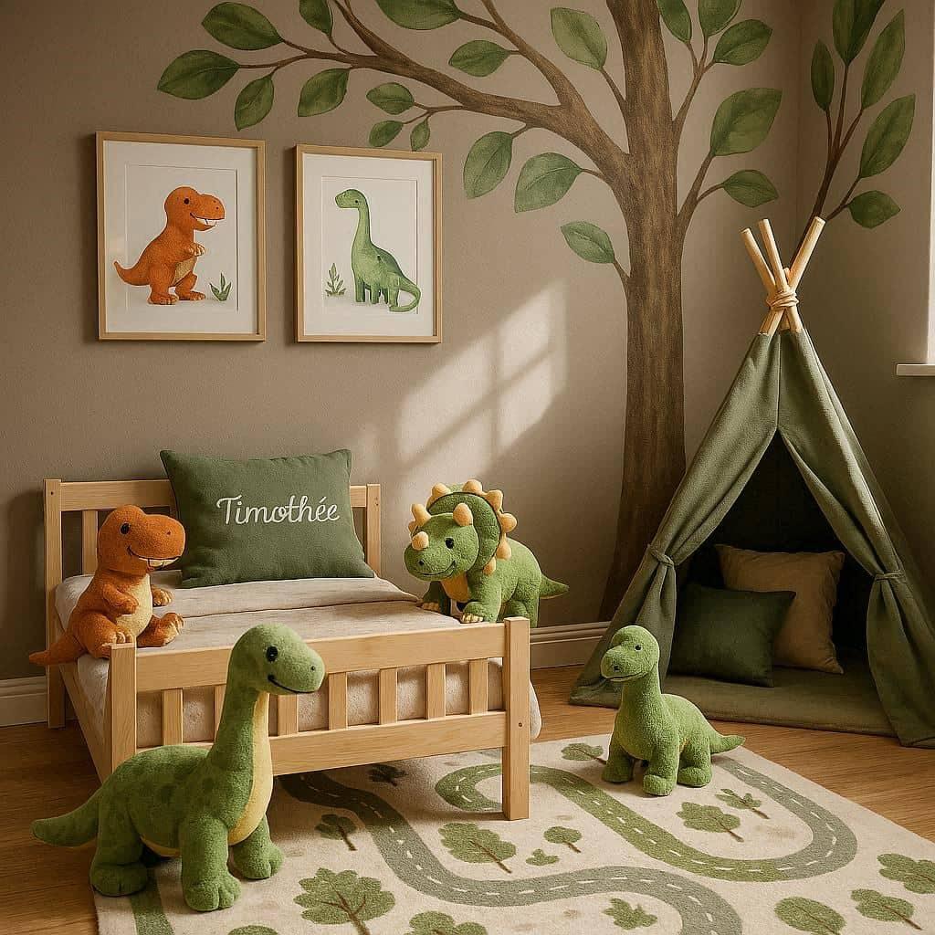 Chambre enfant thème dinosaure avec décoration dino pour tout‑petit, personnalisée avec le prénom Timothée