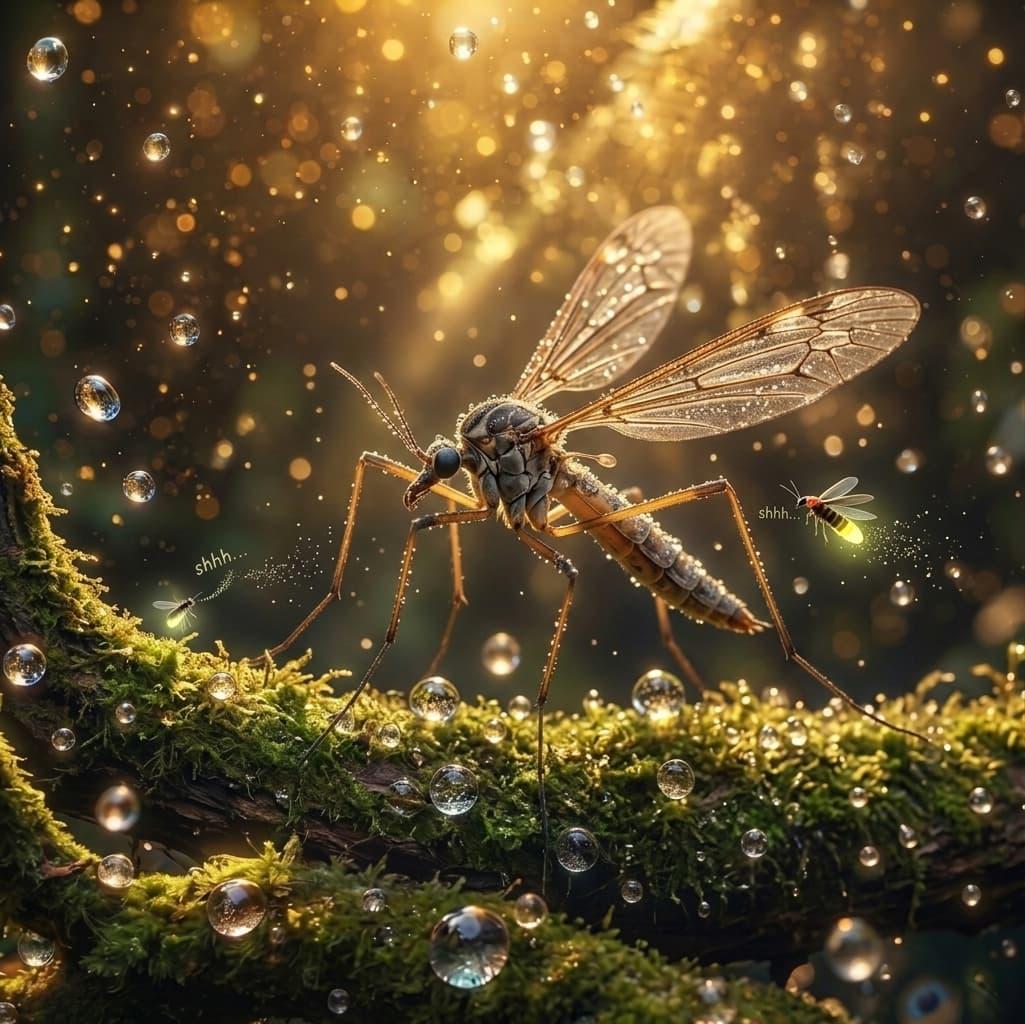 Tipule sur une branche moussue dans un decor feerique