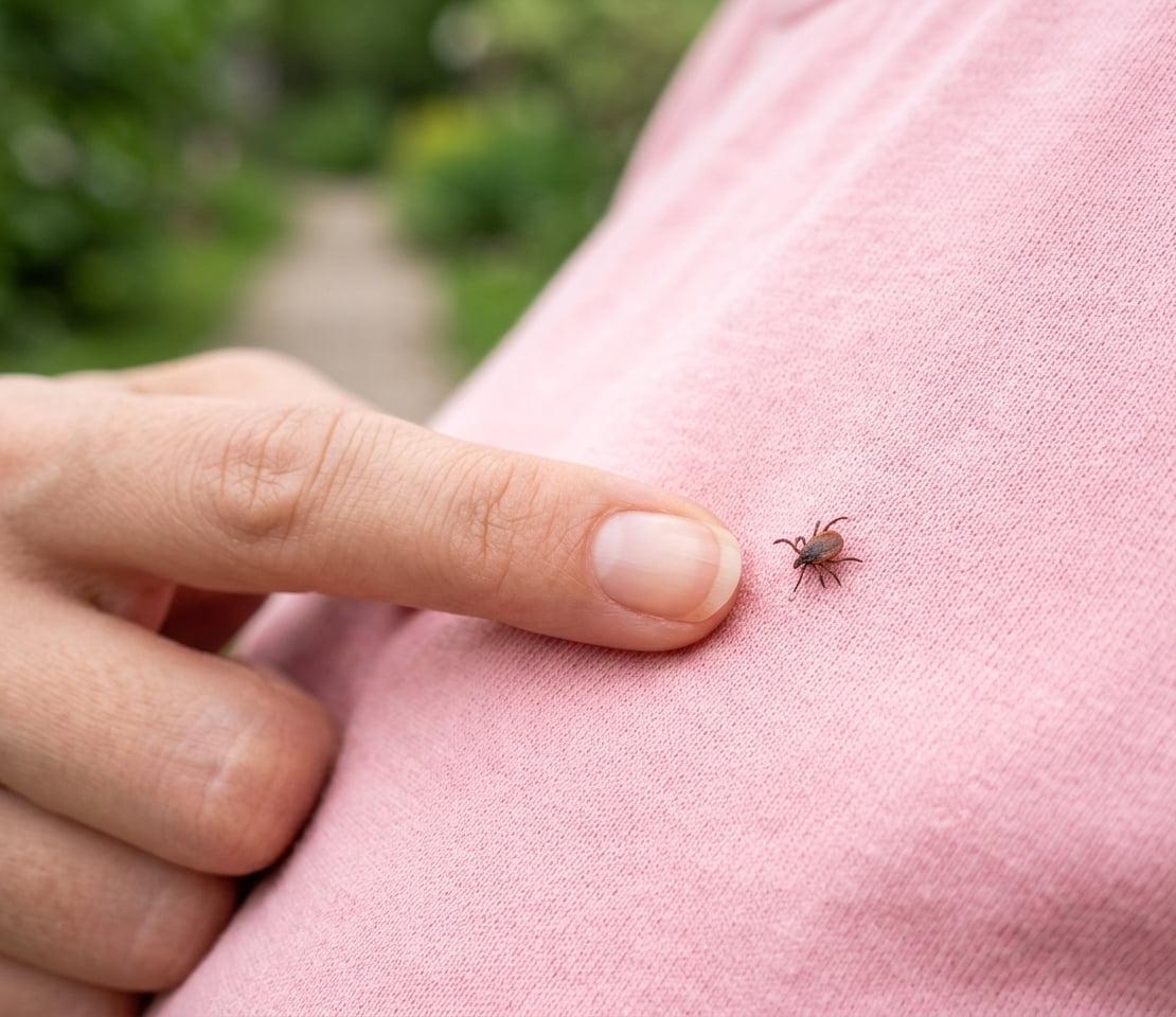 Tique brune marchant sur un tissu rose evoquant dans l interpretation des reves les themes de vigilance de limites personnelles et de signaux inconscients
