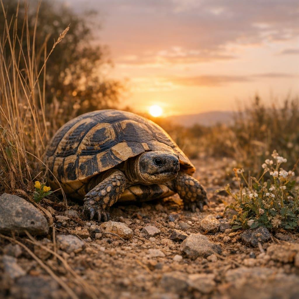 Une tortue d'Hermann (tortue de terre) marchant sur un chemin de terre sinueux dans une campagne méditerranéenne vallonnée avec des oliviers et des collines au lever du soleil.
