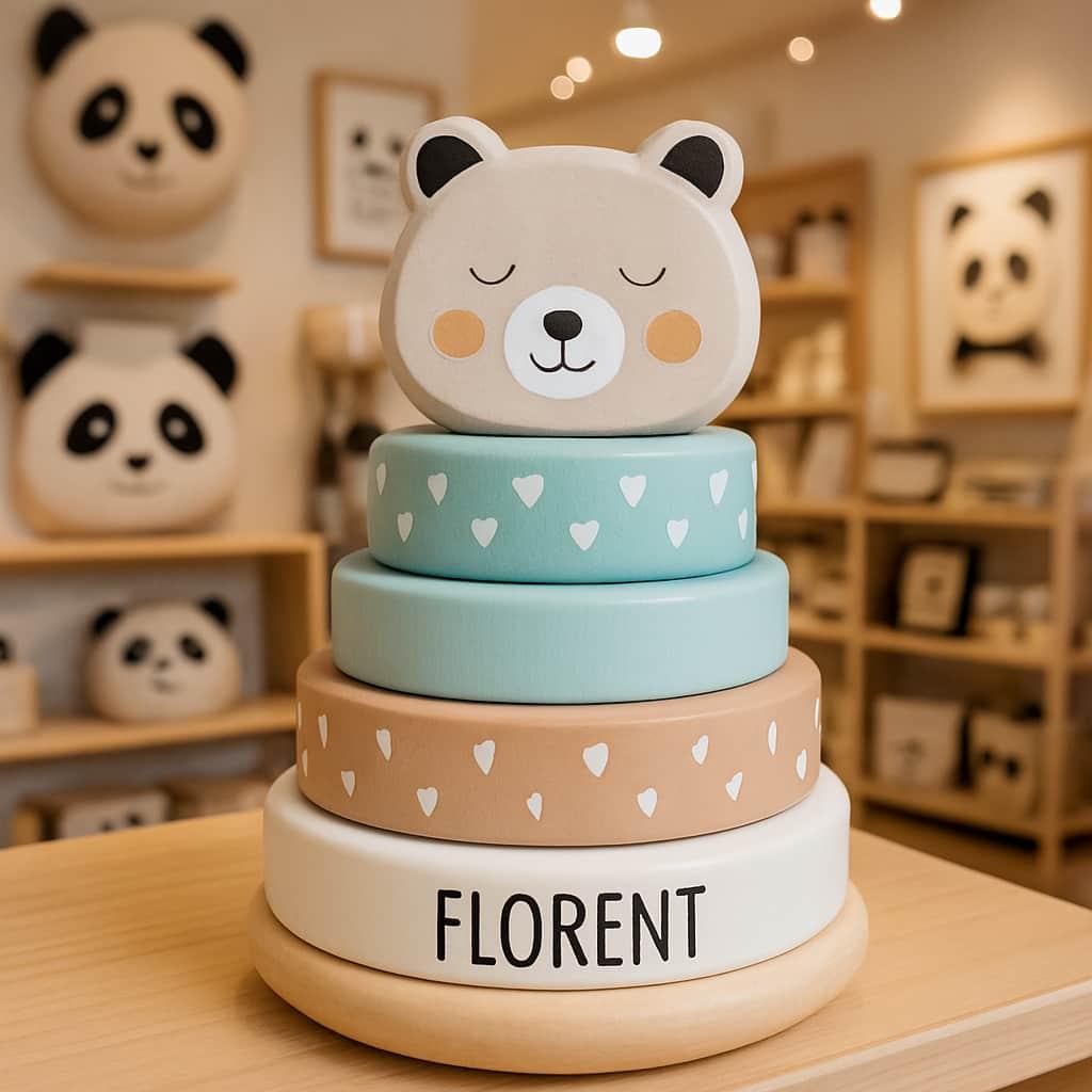 Tour anneaux en bois personnalise avec le prenom florent couleur douce theme ours