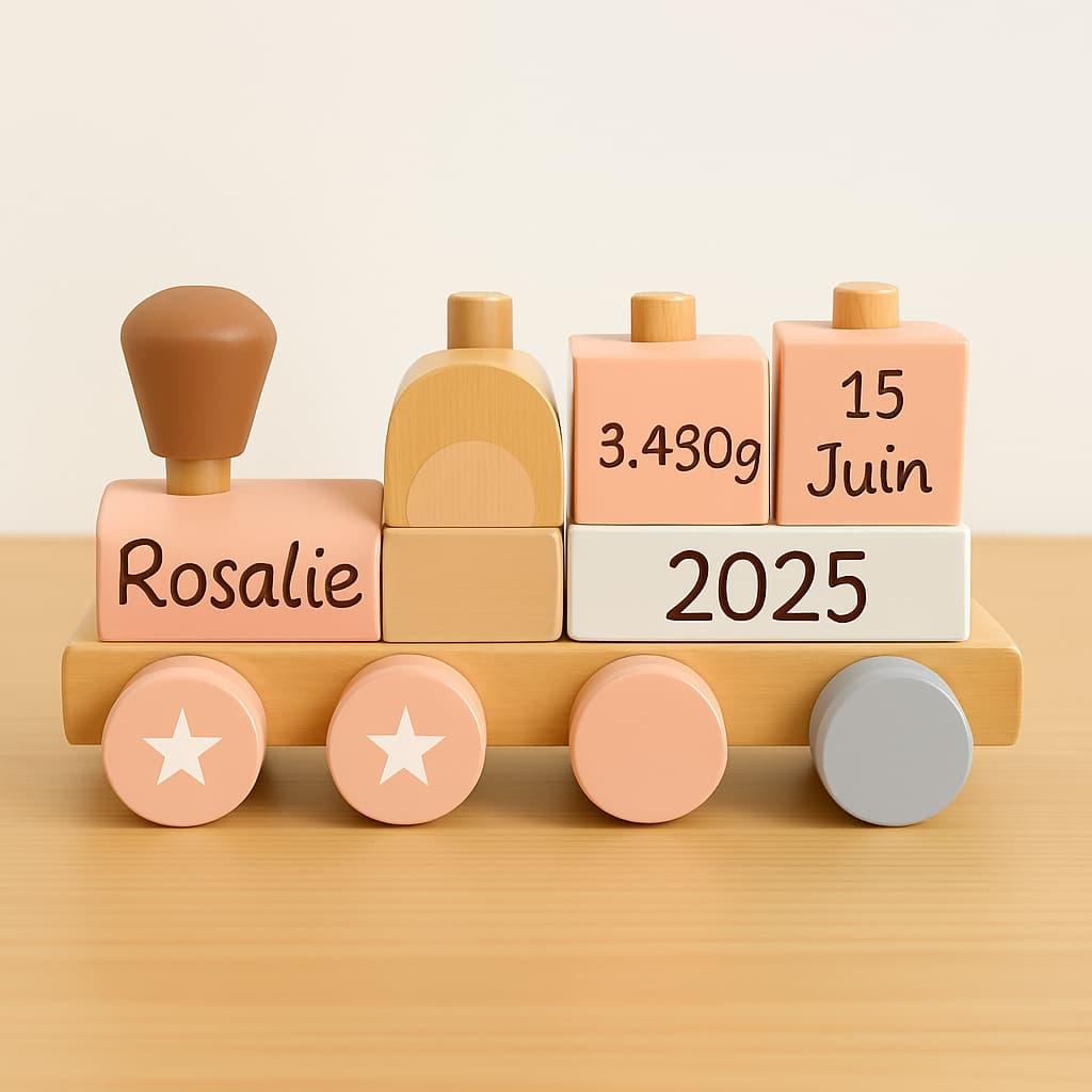 Train en bois personnalise avec le prenom rosalie avec date de naissance poids taille cadeau de naissance