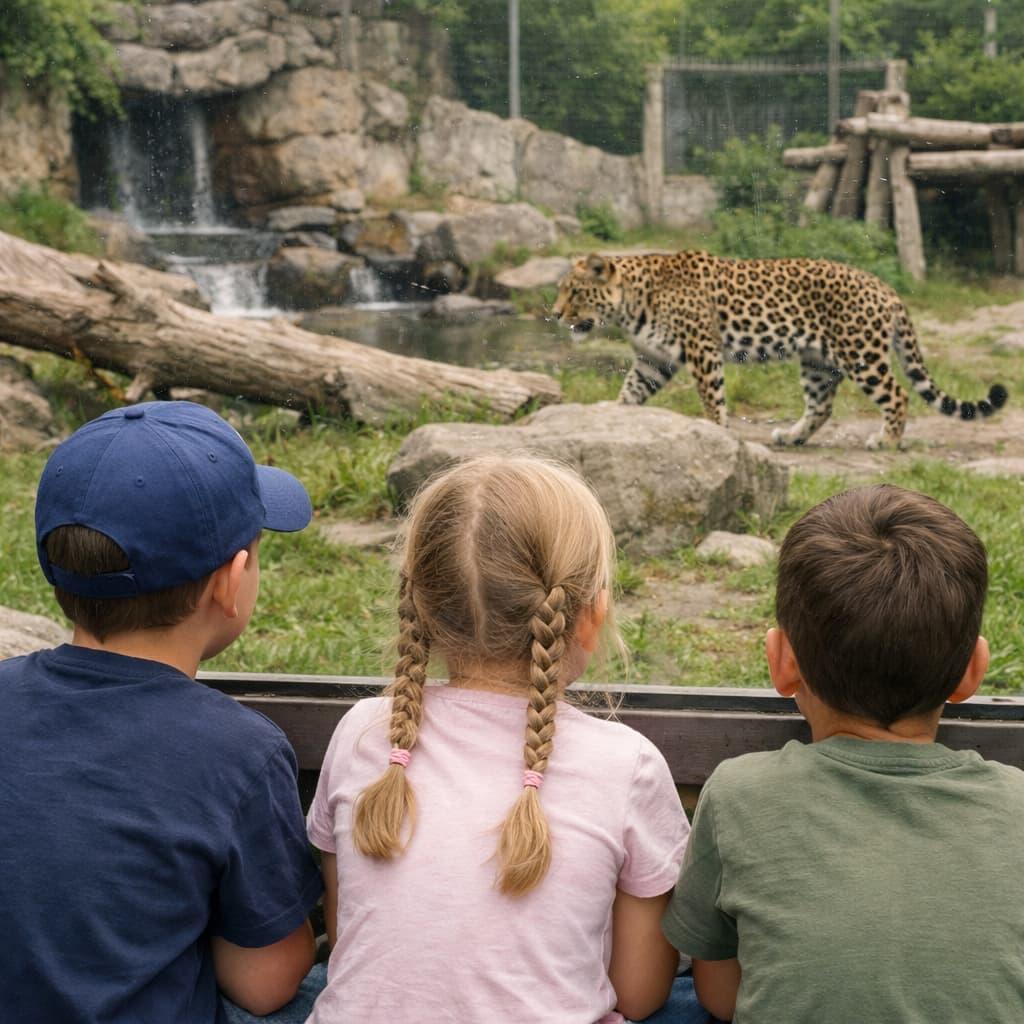 Trois enfants observant un leopard dans un espace naturel securise scene de decouverte et de fascination pour la puissance et la beaute du felin