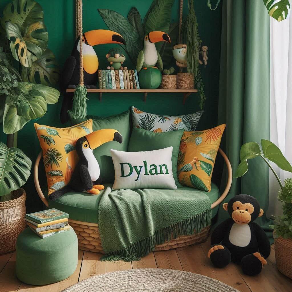 Tropical jungle inspired reading nook with shades of green yellow and orange cushions shaped like toucans and monkeys and the name dylan embroidered on a palm tree shaped blanket b
