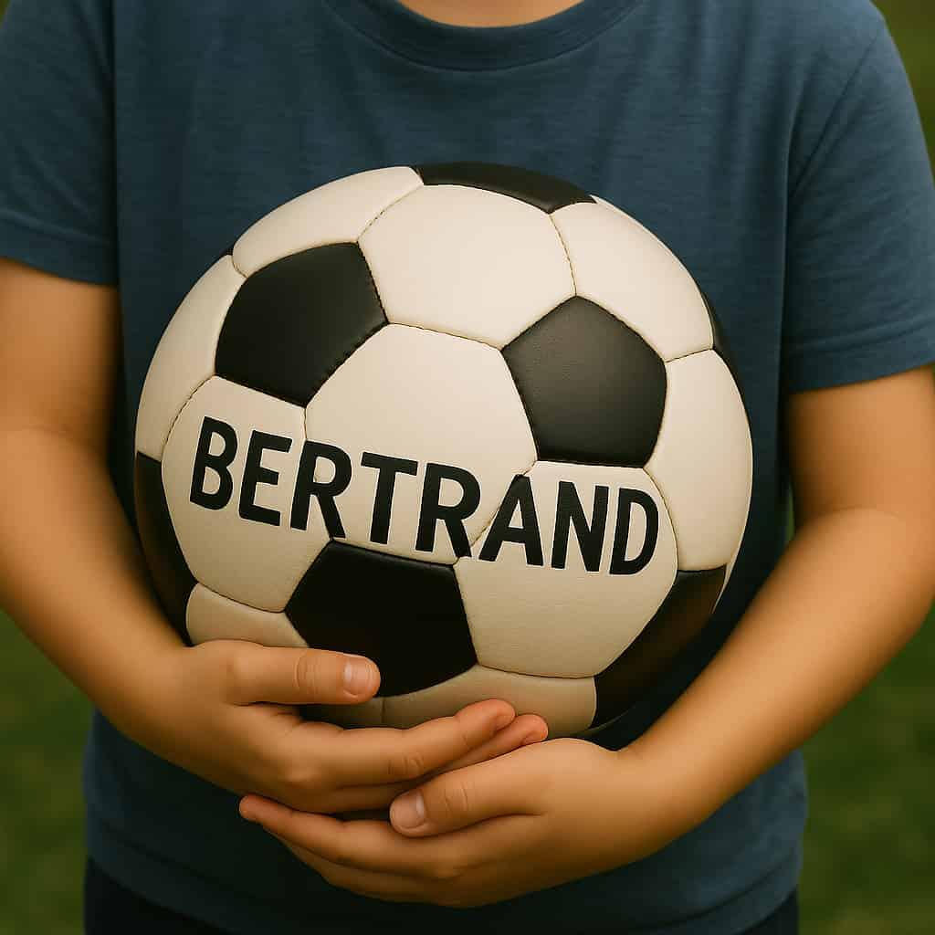 Un ballon de football avec le prenom bertrand ecrit sur le ballon dans les bras dun enfant