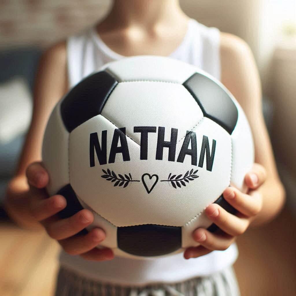 Un ballon de football avec le prenom nathan ecrit sur le ballon