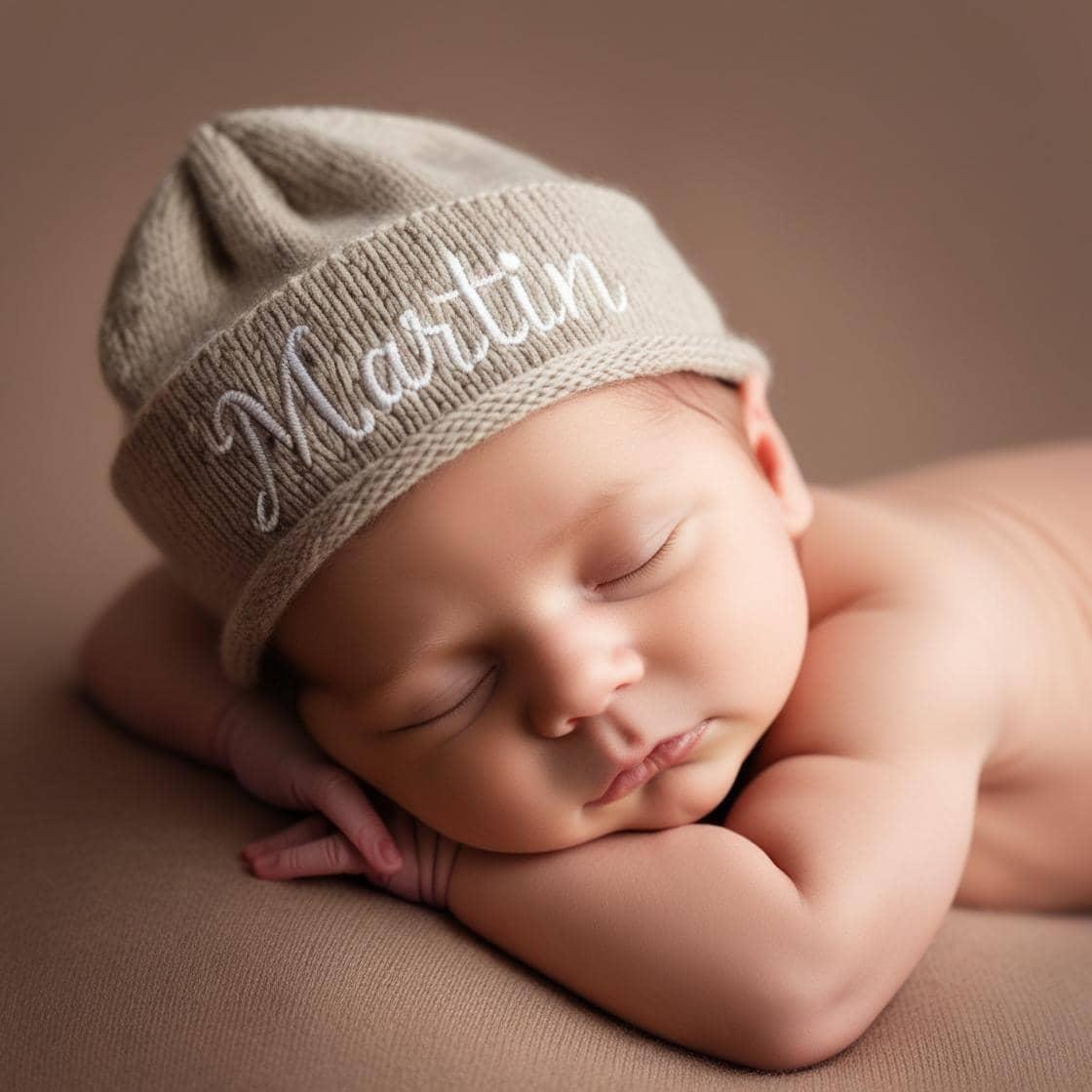 Un bebe avec un bonnet avec le prenom martin