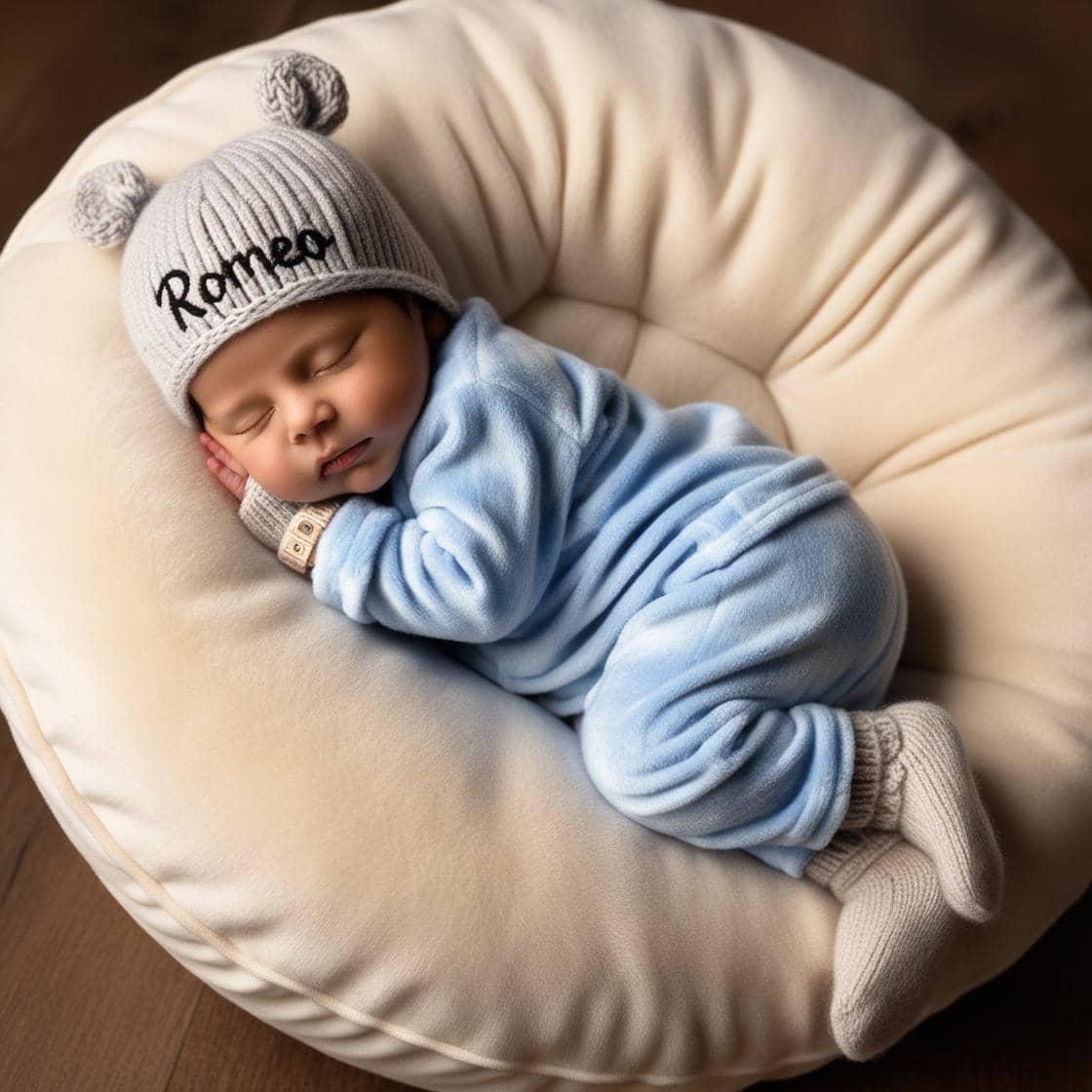 Un bebe avec un bonnet gris pastel avec le prenom romeo en pyjama avec des gants et des chaussettes il dort paisiblement sur un coussin photo professionnel vue de loin 1