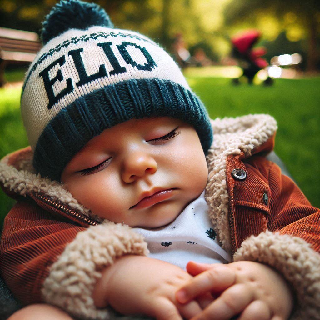 Un bebe avec un bonnet portant le prenom elio endormi paisiblement dans un parc