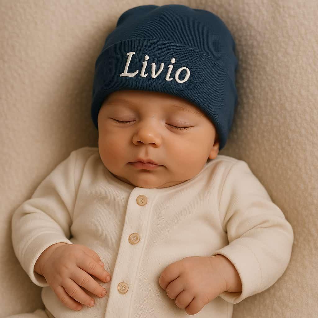 Un bebe en pyjama avec un bonnet bleu fonce avec le prenom livio