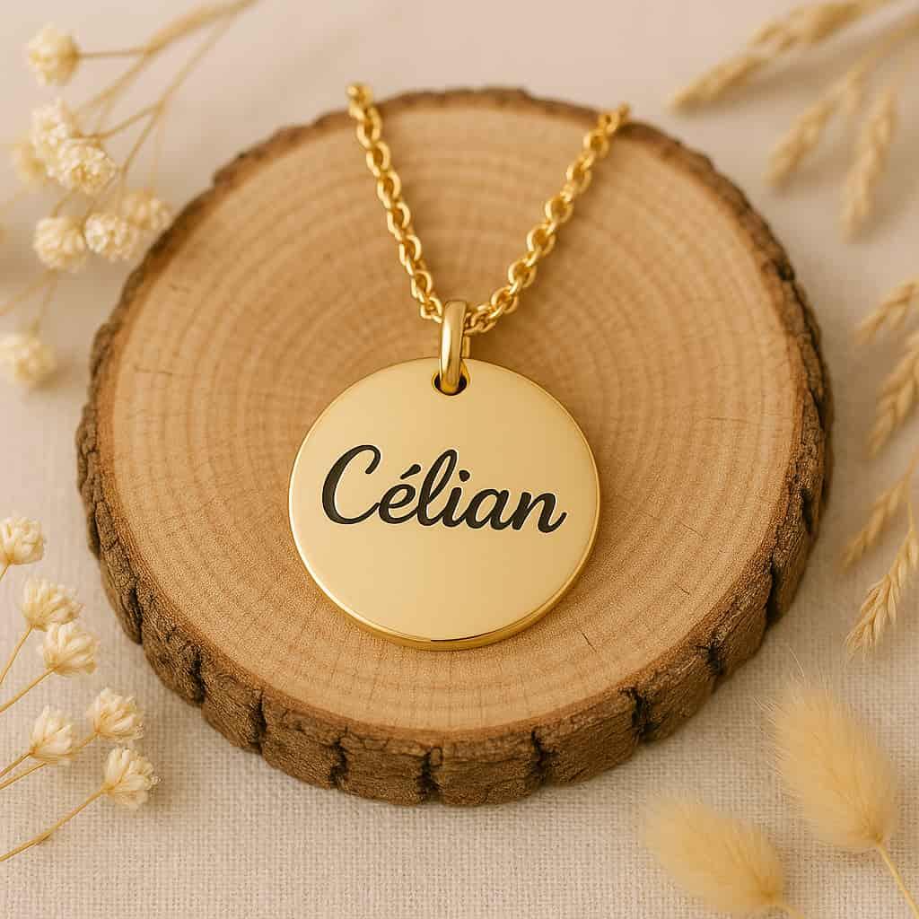 Un bijou avec le prenom celian sur un rondin de bois avec des fleurs sechees en decoration