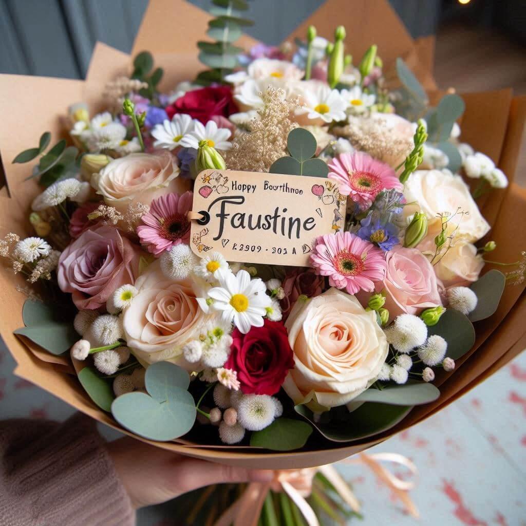 Un bouquet de fleurs avec une etiquette personnalisee avec le prenom faustine 1