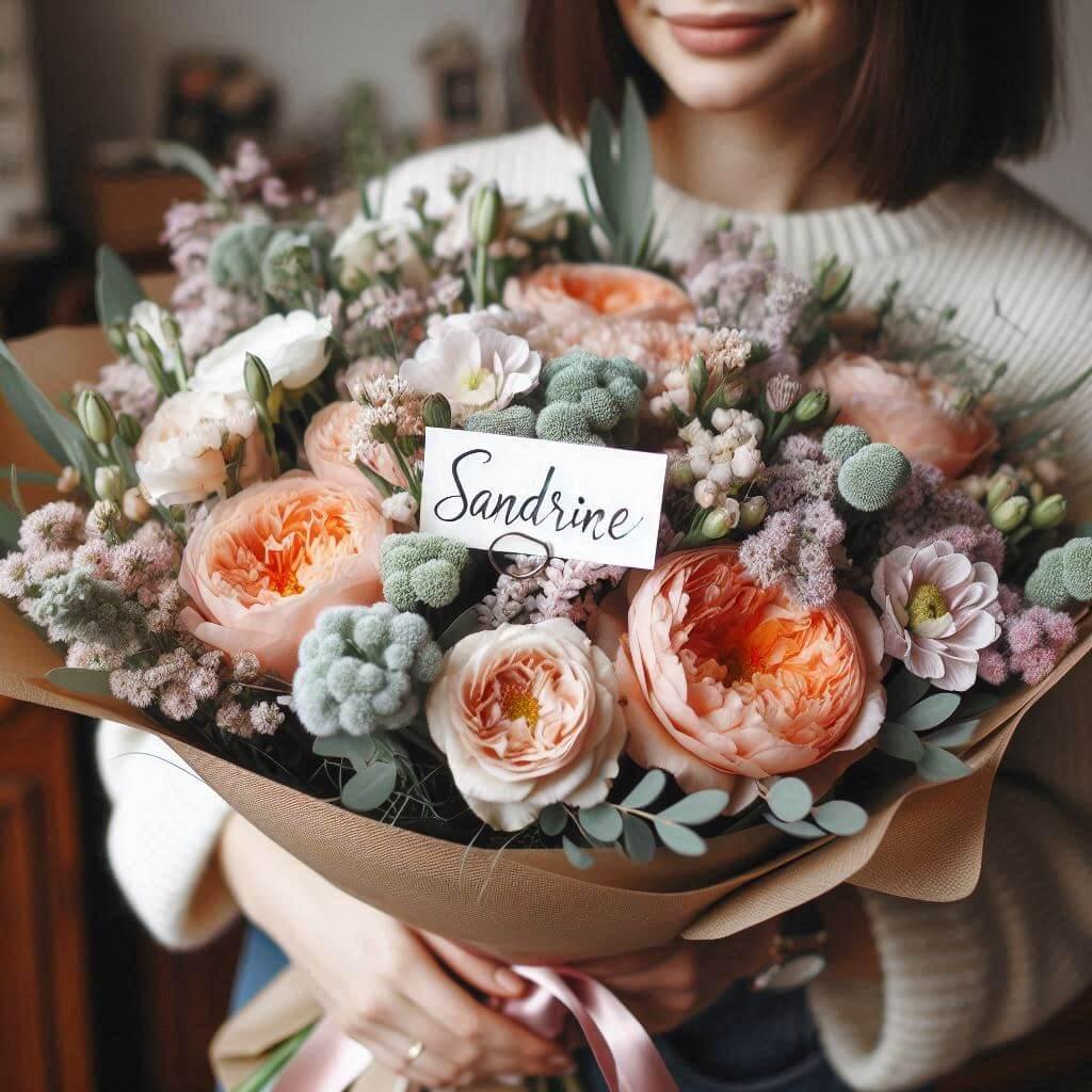 Un bouquet de fleurs dans les mains d une femme avec une etiquette personnalisee avec le prenom sandrine 2