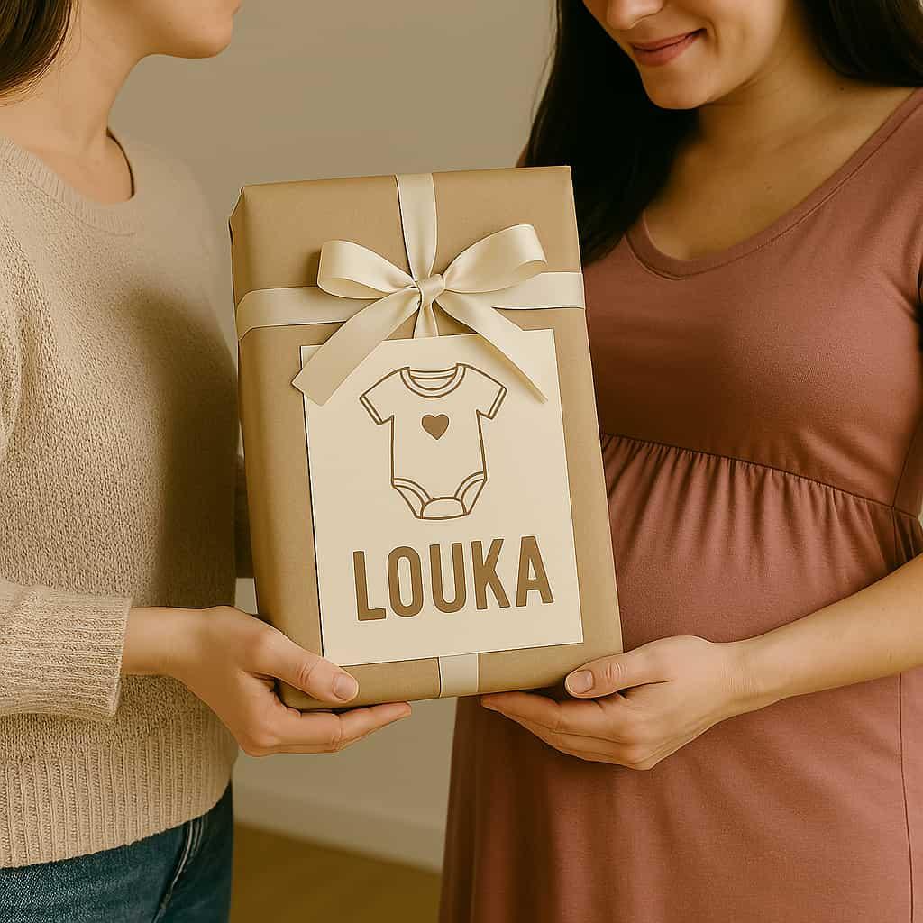 Un cadeau de naissance qu une femme offre a une femme enceinte le cadeau est au nom de louka