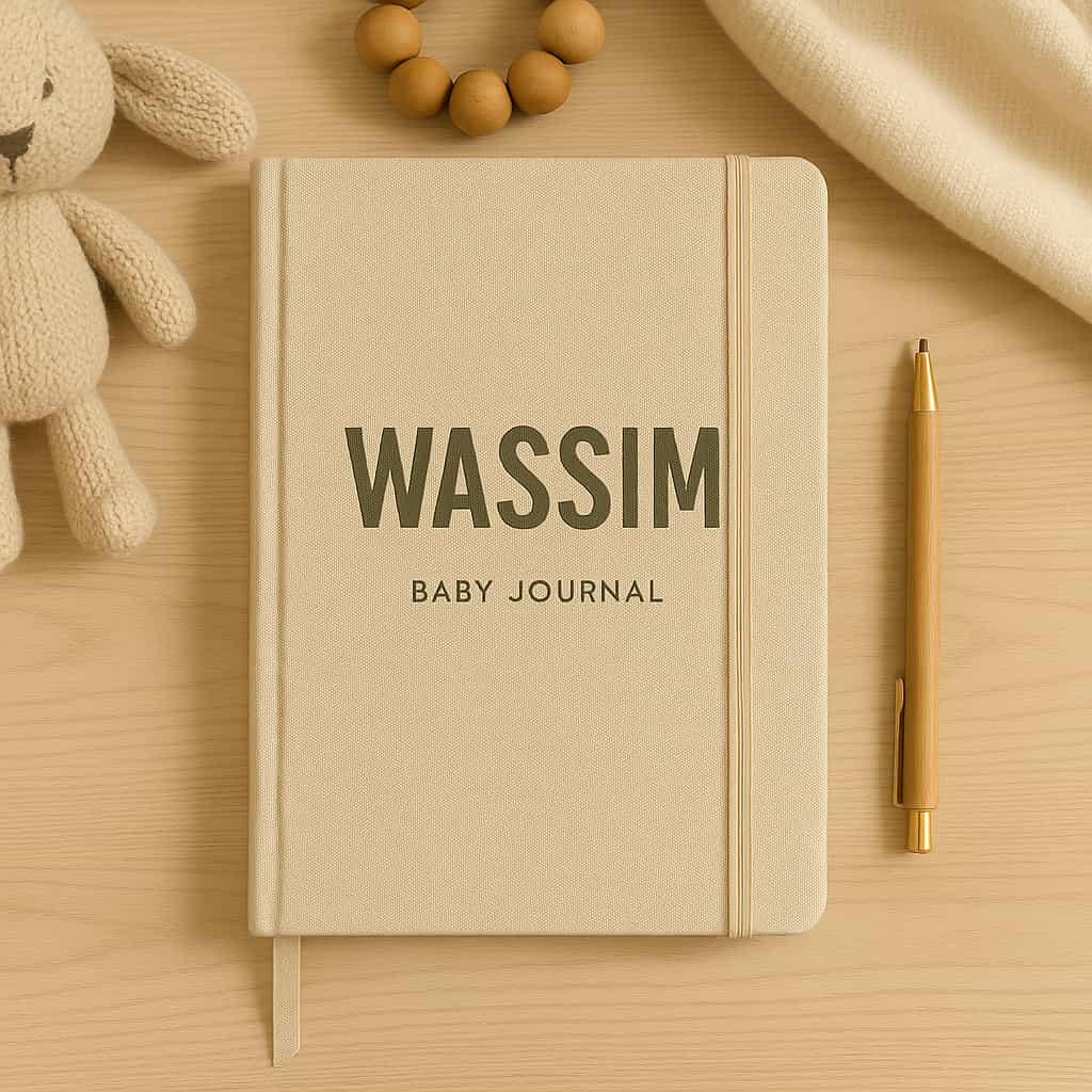Un carnet de bebe personnalise avec le prenom wassim couleurs naturelles
