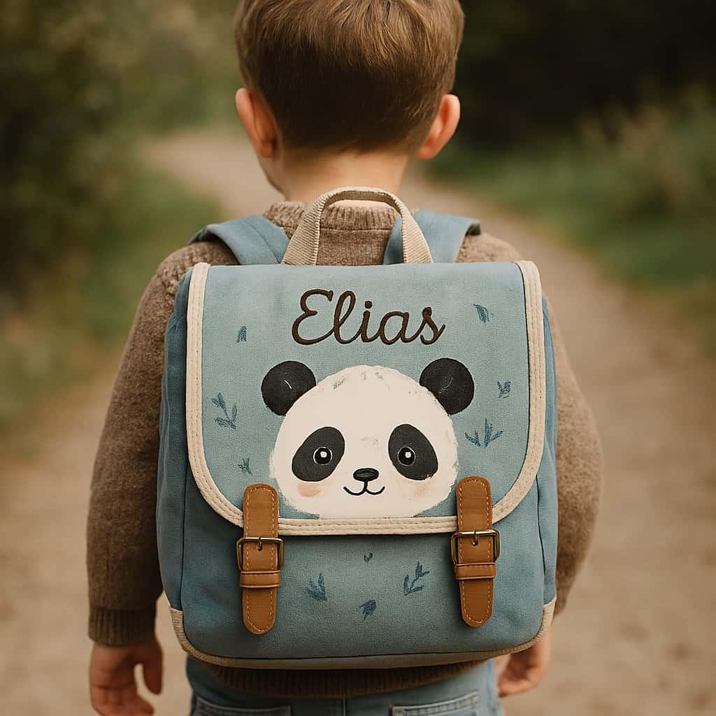 Un cartable de petit garcon personnalise avec le prenom elias theme panda style etsy porte par un petit garcon