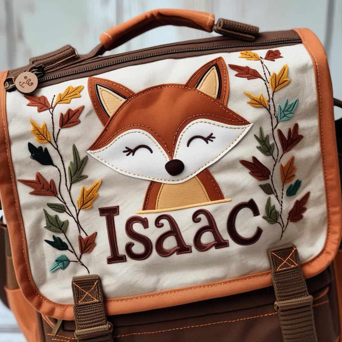 Un cartable de petit garcon personnalise avec le prenom isaac theme renard artisan creation