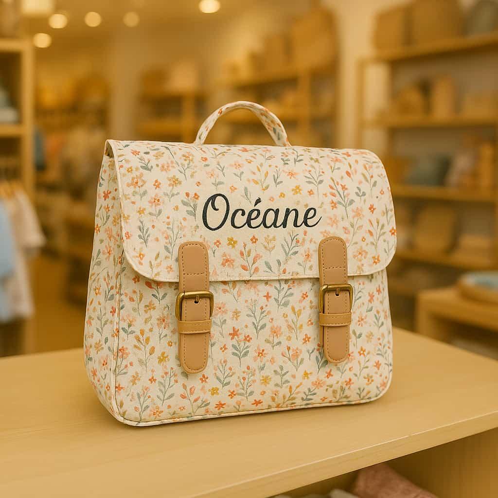 Un cartable theme fleuri personnalise avec le prenom oceane dans un magasin