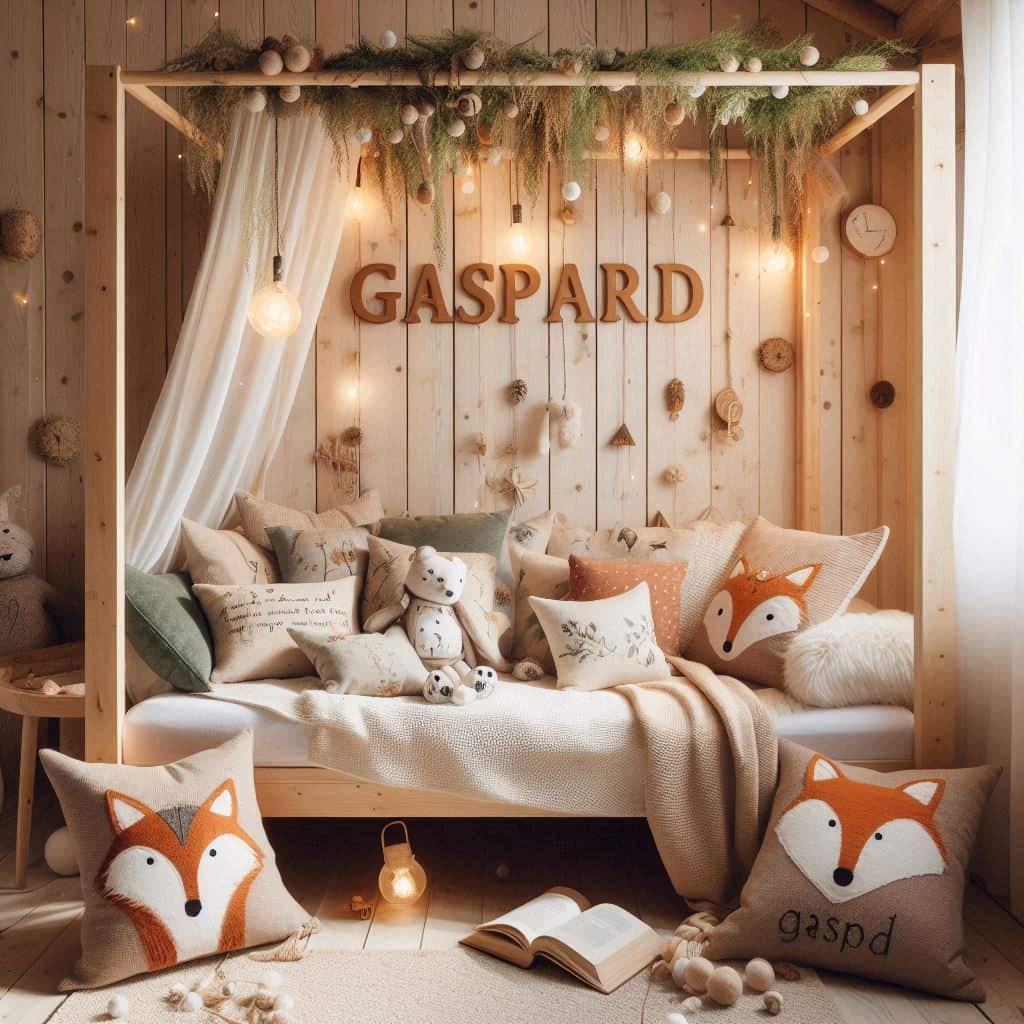 Un coin de lecture doux et naturel inspire par la foret avec des coussins en forme de petits animaux de la foret comme des renards et loups personnalise avec le nom gaspard avec li