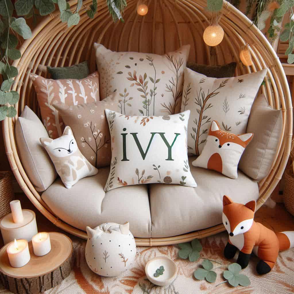 Un coin de lecture doux et naturel inspire par la foret avec des coussins en forme de petits animaux de la foret comme des renards et loups personnalise avec le nom ivy couleurs na