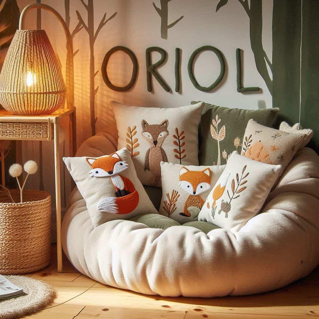 Un coin de lecture doux et naturel inspire par la foret avec des coussins en forme de petits animaux de la foret comme des renards et loups personnalise avec le nom oriol ecrit en