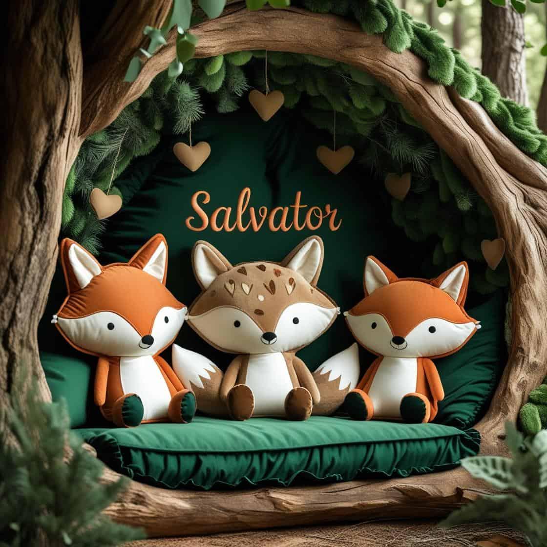 Un coin de lecture doux et naturel inspire par la foret avec des coussins en forme de petits animaux de la foret comme des renards et loups personnalise avec le nom salvator couleu