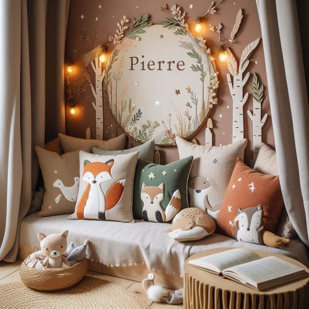 Un coin de lecture doux et naturel inspire par la foret avec des coussins en forme de petits animaux de la foret comme des renards et loups personnalise avec le prenom pierre