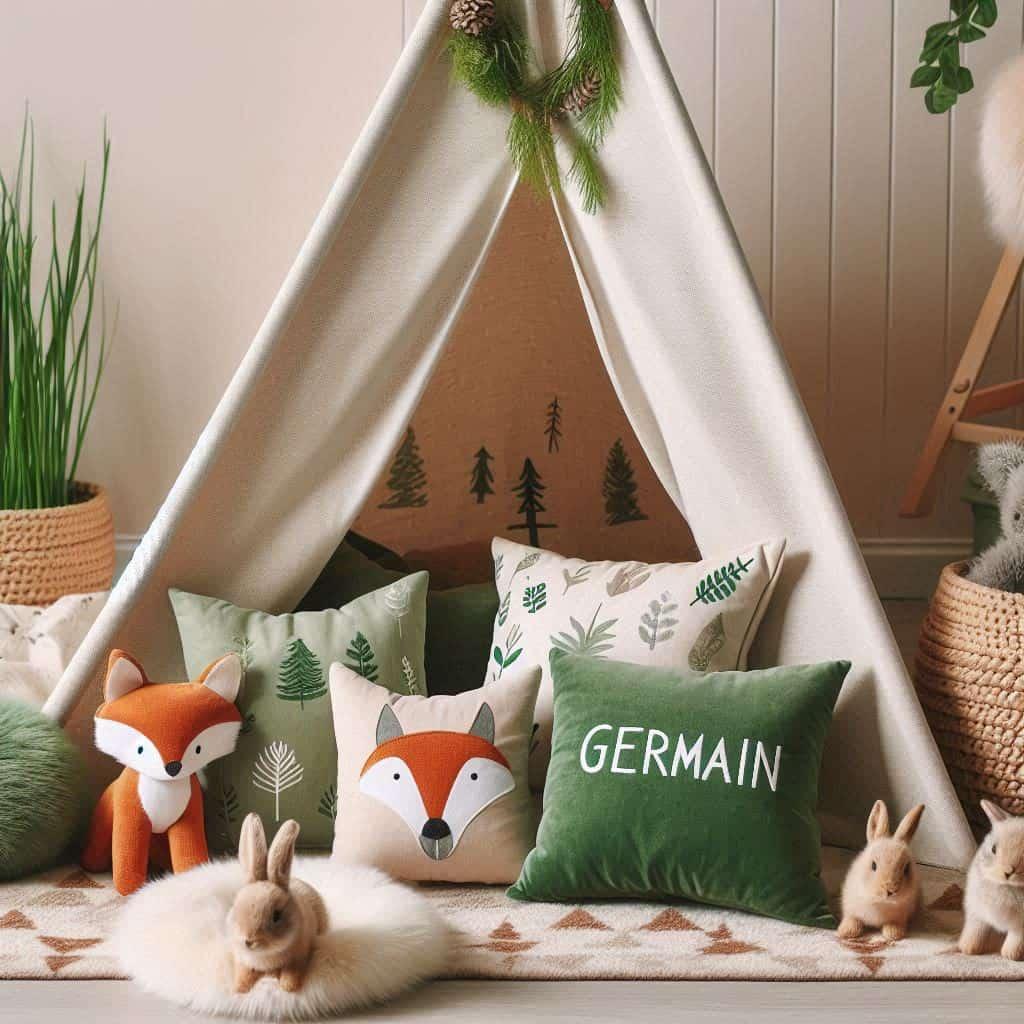 Un coin de lecture doux et naturel inspire par la foret avec des coussins en forme de petits animaux de la foret un coussin avec le nom germain