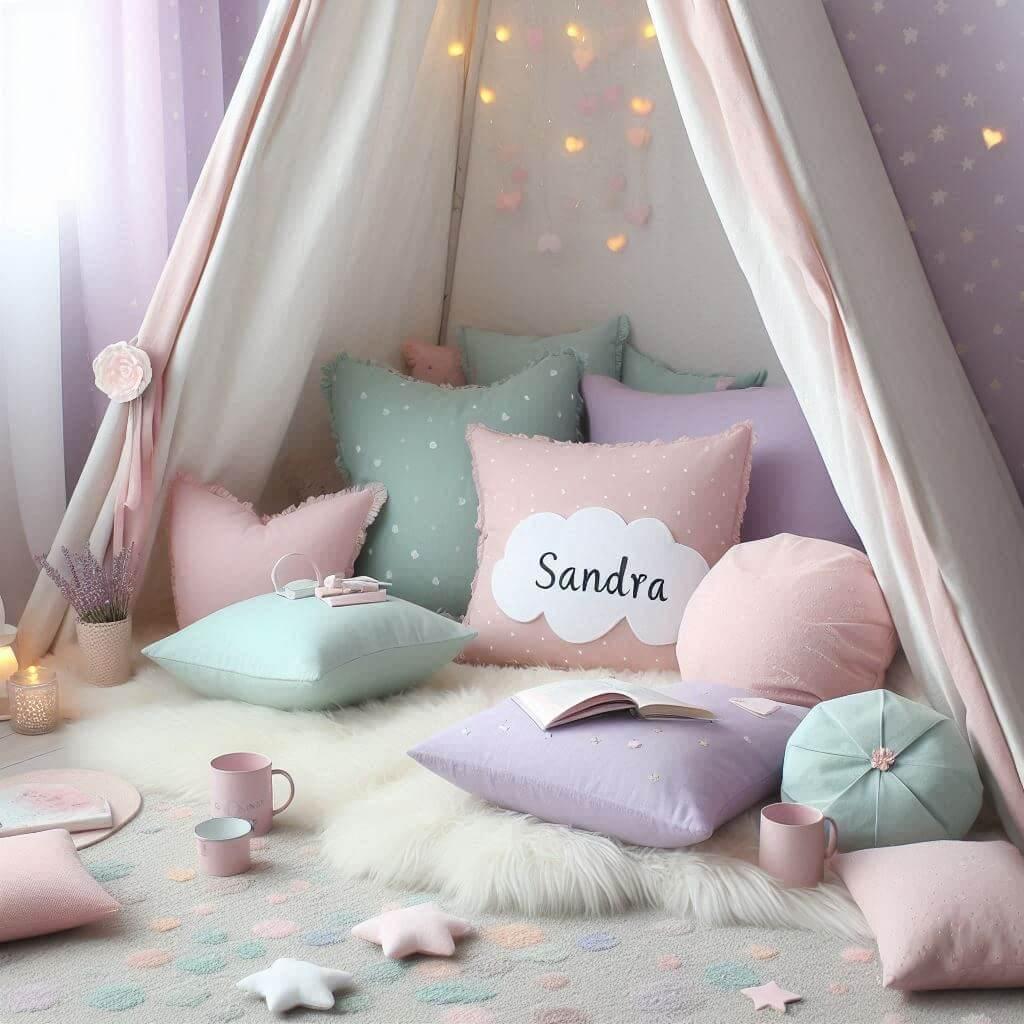 Un coin lecture aesthetic et pastel avec des tons rose poudre lavande menthe et bleu ciel creant une ambiance douce et apaisante un tapis moelleux des coussins en forme de nuages c