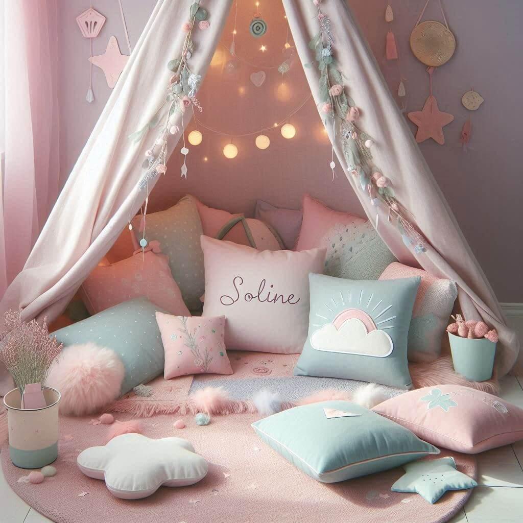 Un coin lecture aesthetic et pastel avec des tons rose poudre lavande menthe et bleu ciel creant une ambiance douce et apaisante avec le prenom soline