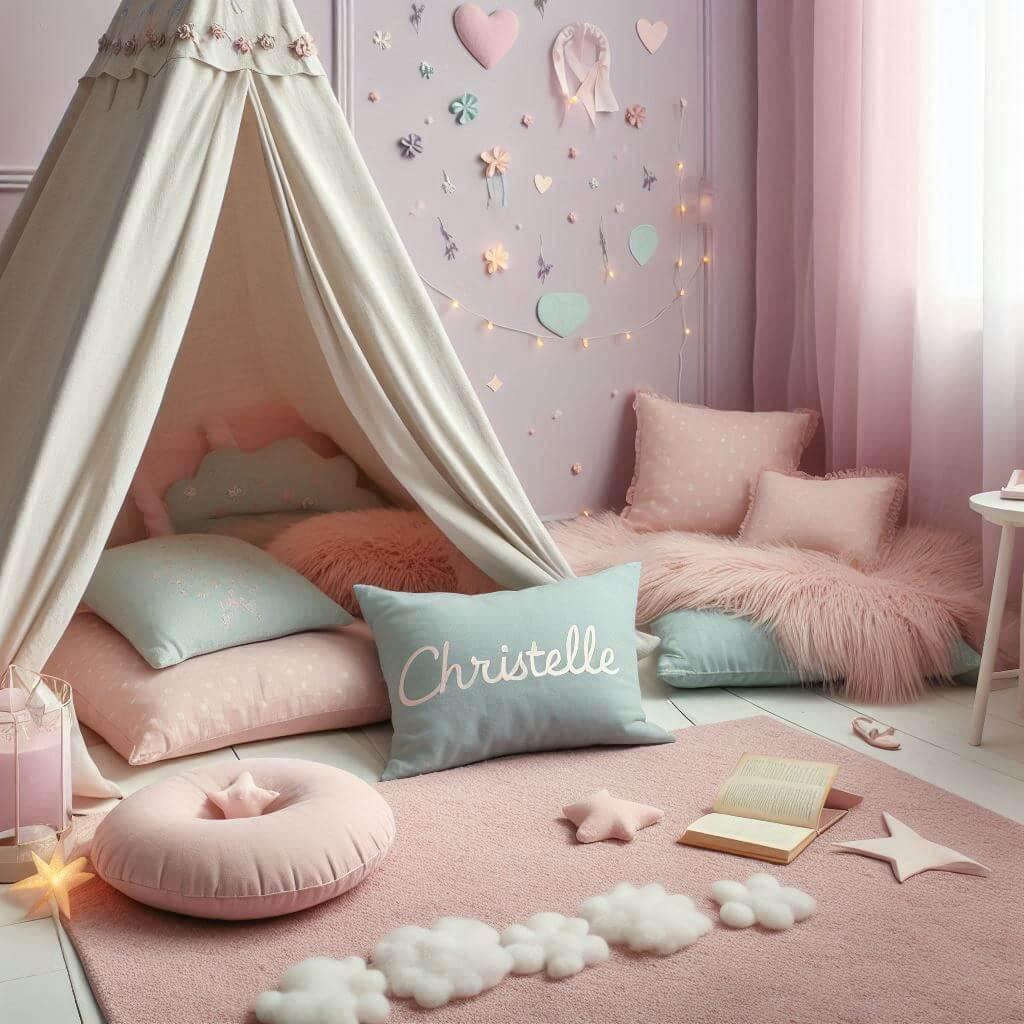 Un coin lecture aesthetic et pastel avec des tons rose poudre lavande menthe et bleu ciel creant une ambiance douce et apaisante un tapis moelleux des coussins en forme de nuages c