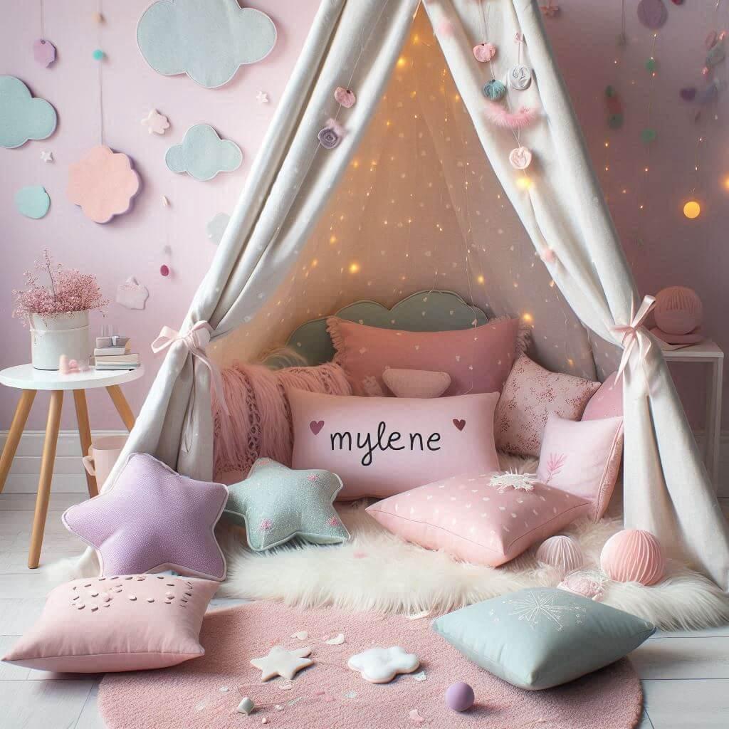 Un coin lecture aesthetic et pastel avec des tons rose poudre lavande menthe et bleu ciel creant une ambiance douce et apaisante un tapis moelleux des coussins en forme de nuages c