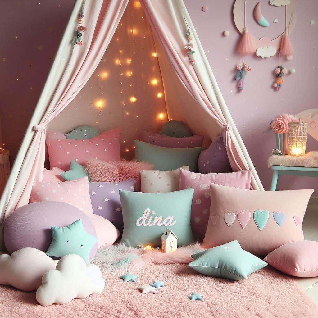 Un coin lecture aesthetic et pastel avec des tons rose poudre lavande menthe et bleu ciel creant une ambiance douce et apaisante un tapis moelleux des coussins en forme de nuages c