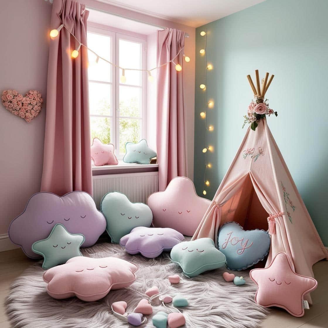 Un coin lecture aesthetic et pastel avec des tons rose poudre lavande menthe et bleu ciel creant une ambiance douce et apaisante un tapis moelleux des coussins en forme de nuages c