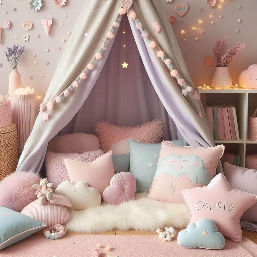Un coin lecture aesthetic et pastel avec des tons rose poudre lavande menthe et bleu ciel prenom calista