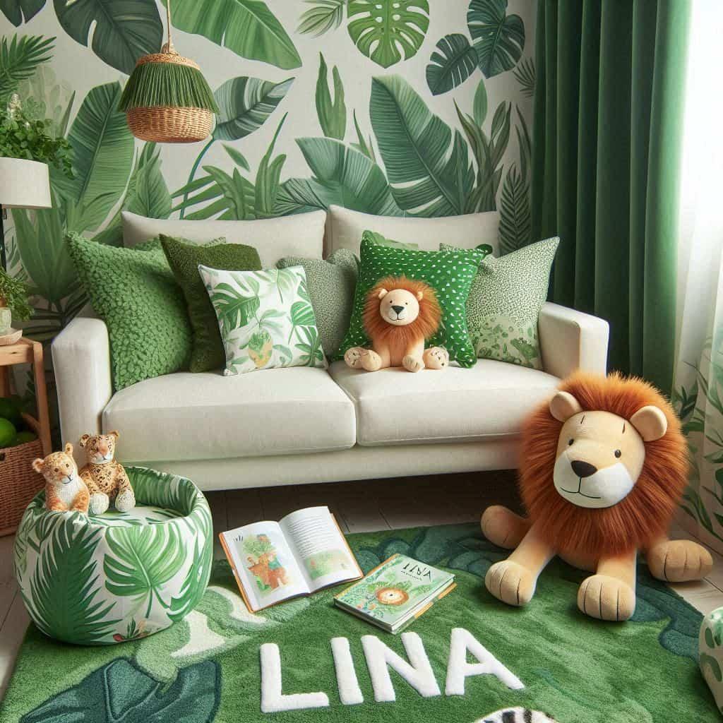 Un coin lecture avec canape et coussin livre pour enfant sur le theme de la jungle avec des tons verts evoquant la vegetation luxuriante personnalisee avec le prenom lina