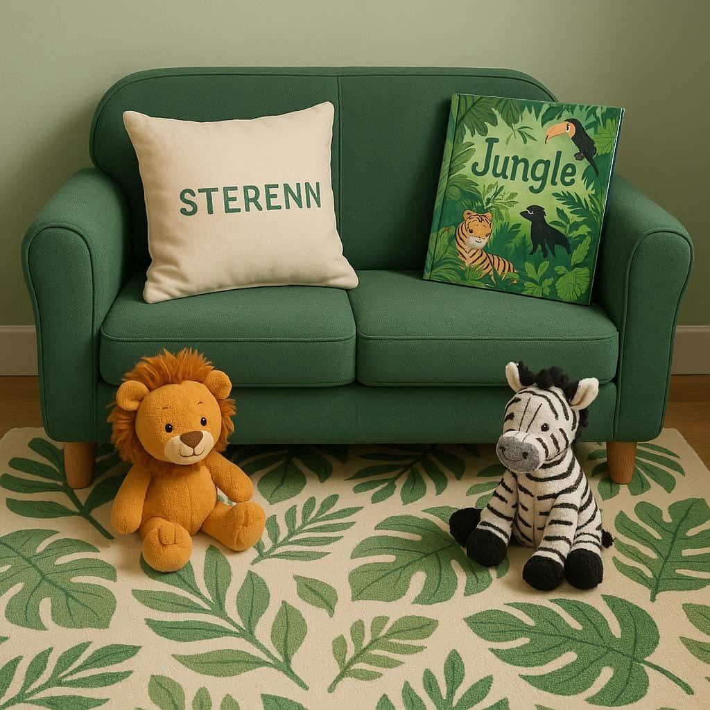 Un coin lecture avec canape et coussin livre pour enfant sur le theme de la jungle avec des tons verts evoquant la vegetation luxuriante prenom sterenn