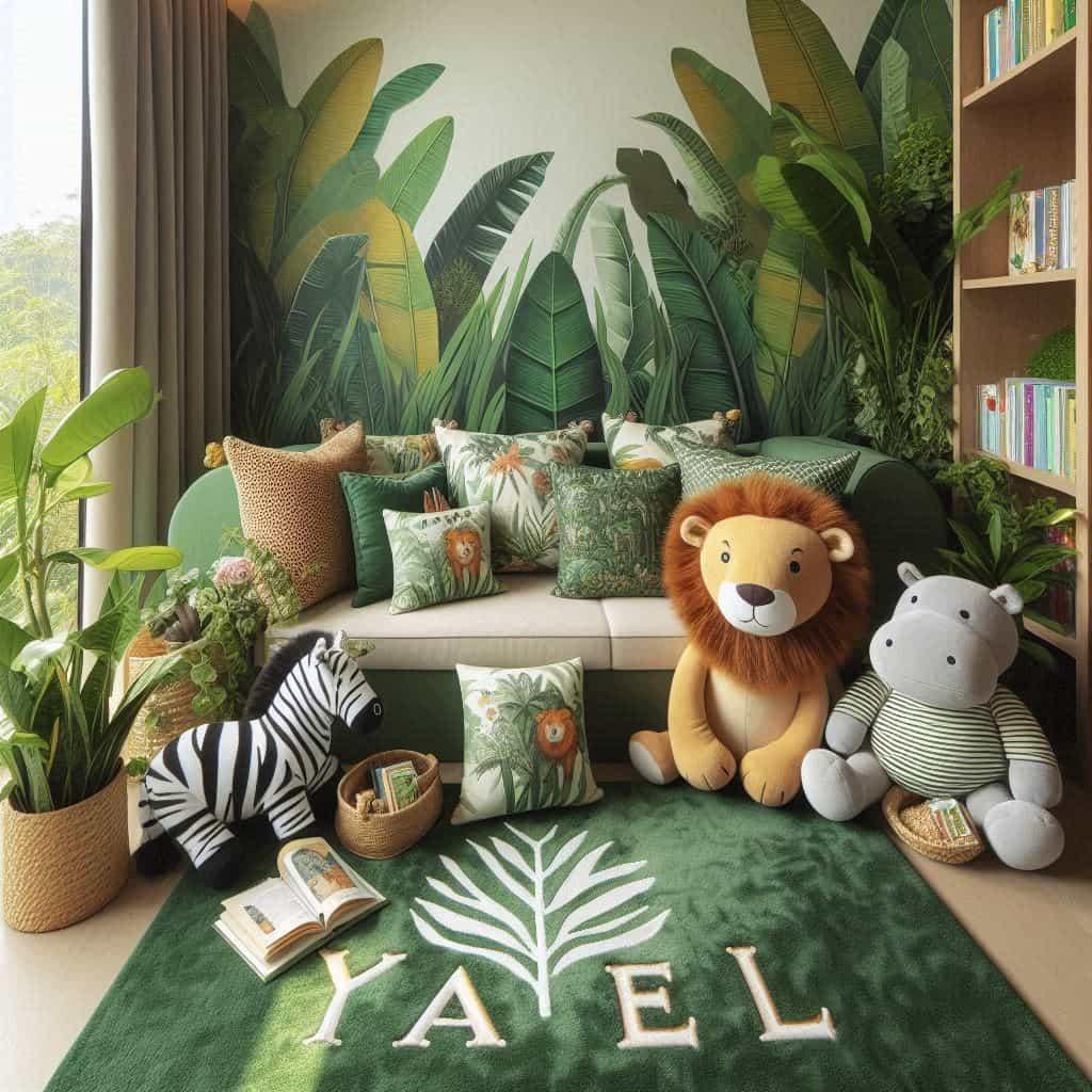 Un coin lecture avec canape et coussin livre pour enfant sur le theme de la jungle avec des tons verts evoquant la vegetation luxuriante prenom yael