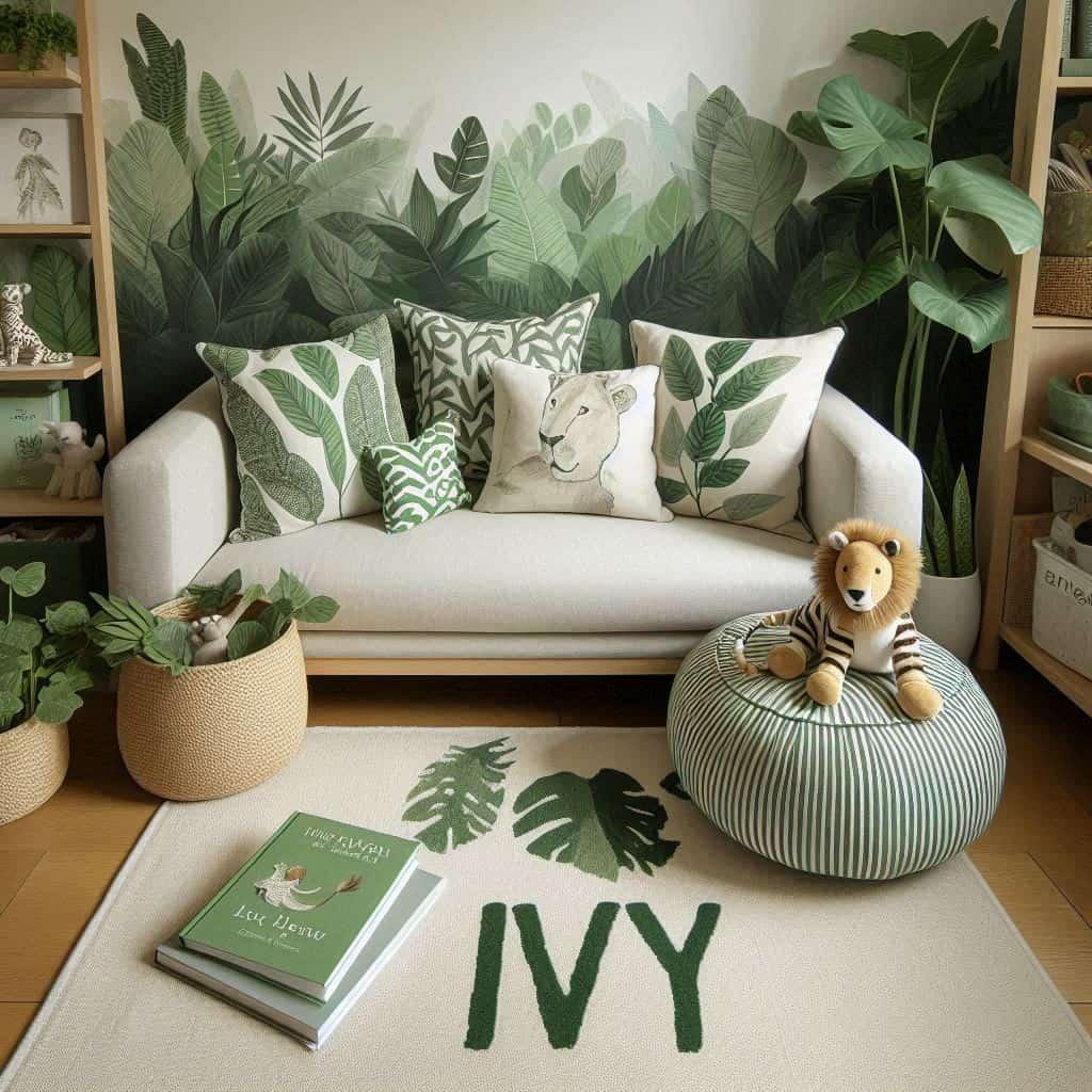 Un coin lecture avec canape et coussin livre pour enfant sur le theme de la jungle avec des tons verts evoquant la vegetation luxuriante un tapis orne dun motif de feuilles et une