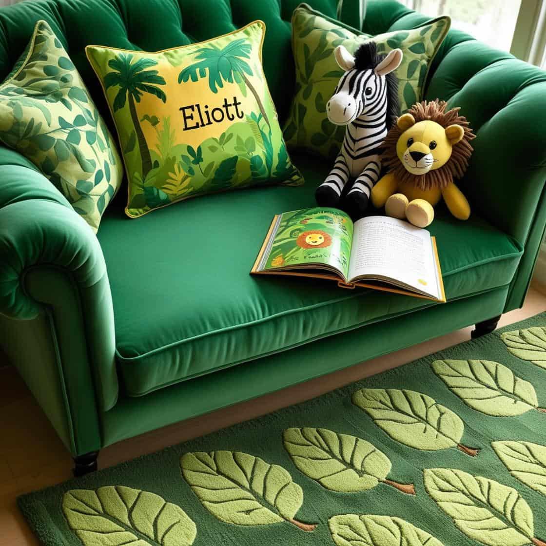 Un coin lecture avec canape et coussin livre pour enfant sur le theme de la jungle avec des tons verts evoquant la vegetation luxuriante un tapis orne dun motif de feuilles et une