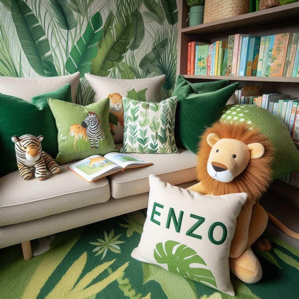 Un coin lecture avec canape et coussin livre pour enfant sur le theme de la jungle avec des tons verts evoquant la vegetation luxuriante un tapis orne dun motif de feuilles et une