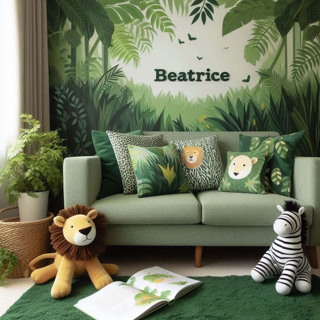 Un coin lecture avec canape et coussin prenom beatrice livre pour enfant sur le theme de la jungle avec des tons verts evoquant la vegetation luxuriante un tapis orne dun motif de