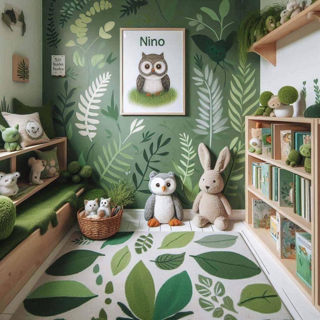 Coin lecture enfant Nino bibliothèque chouettes lapins verts végétation tapis feuilles peluches animaux forêt.