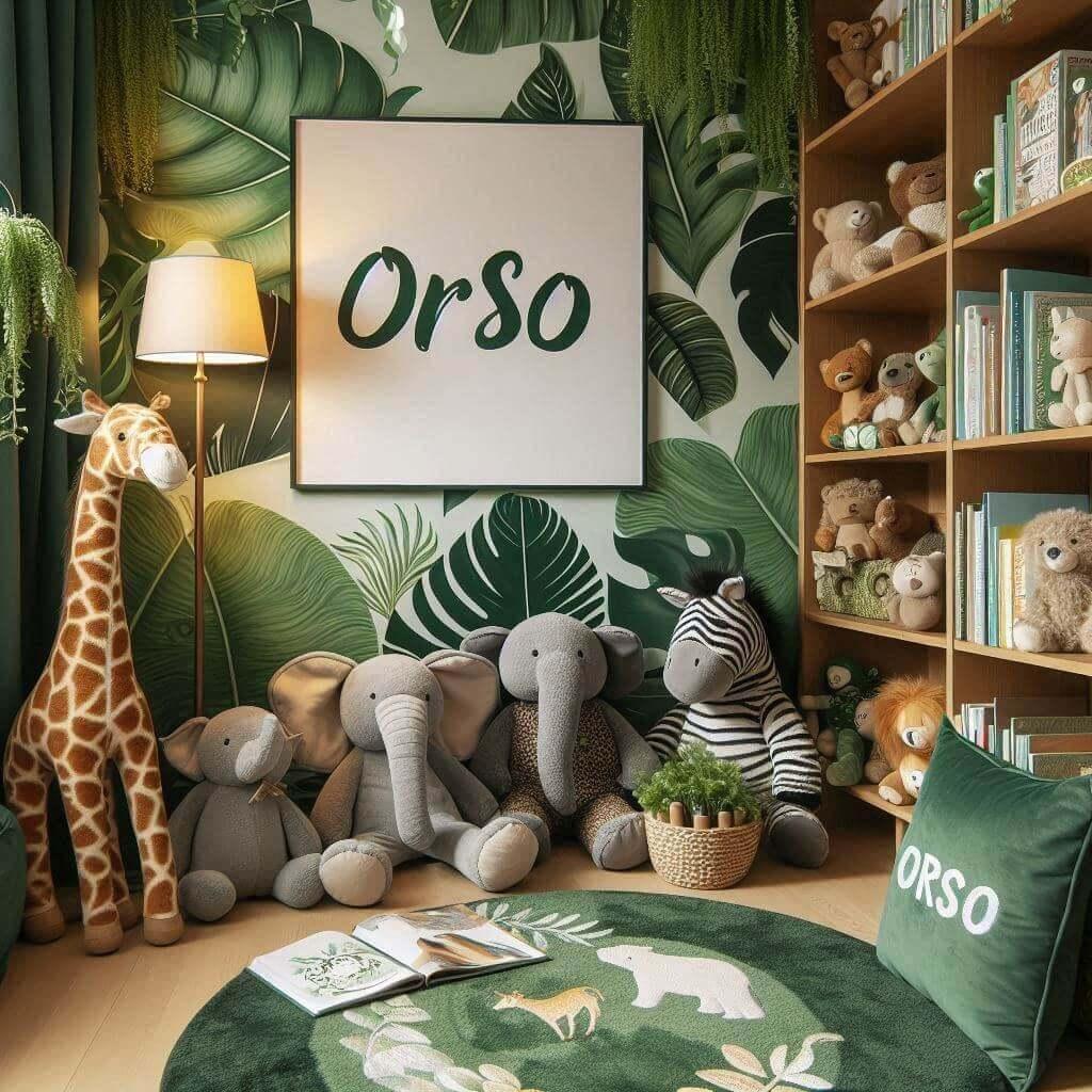 Coin lecture enfant prénommé Orso, bibliothèque et peluches animaux jungle.