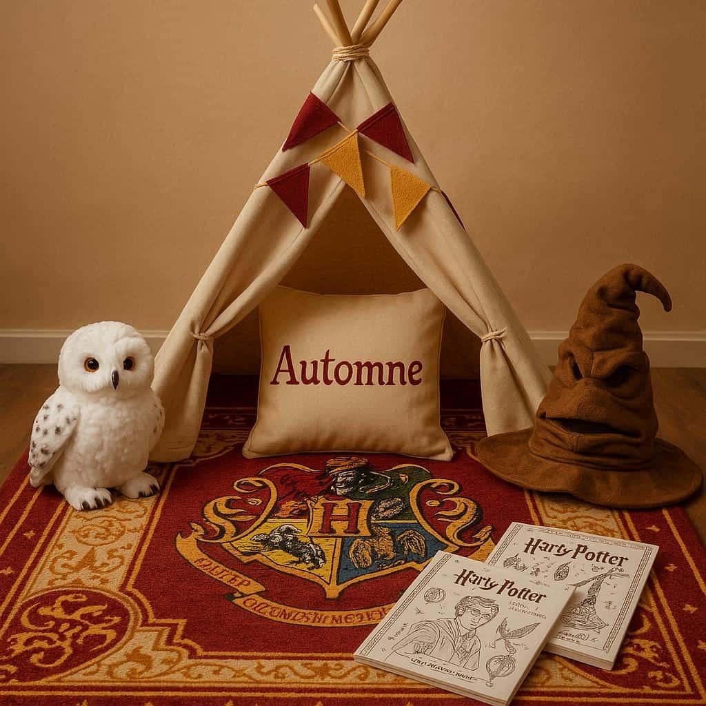 Un coin lecture inspire de harry potter aux tons rouge or noir et beige un tapis doux orne de motifs rappelant poudlard et des peluches de hedwige et du choixpeau creent une ambian