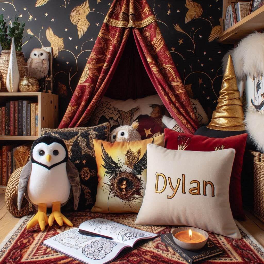 Un coin lecture inspire de harry potter aux tons rouge or noir et beige un tapis doux orne de motifs rappelant poudlard et des peluches de hedwige et du choixpeau creent une ambian