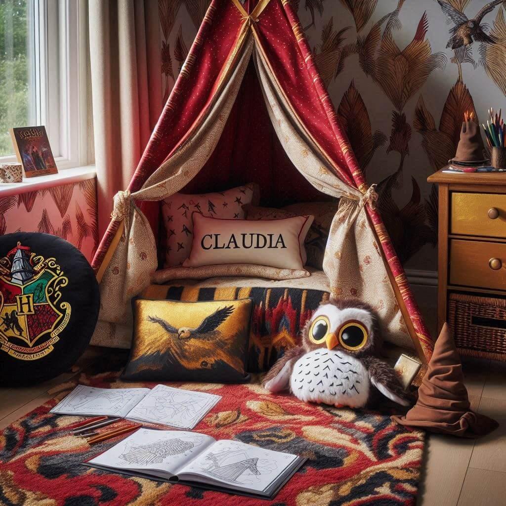 Un coin lecture inspire de harry potter aux tons rouge or noir et beige un tapis doux orne de motifs rappelant poudlard et des peluches de hedwige et du choixpeau creent une ambian