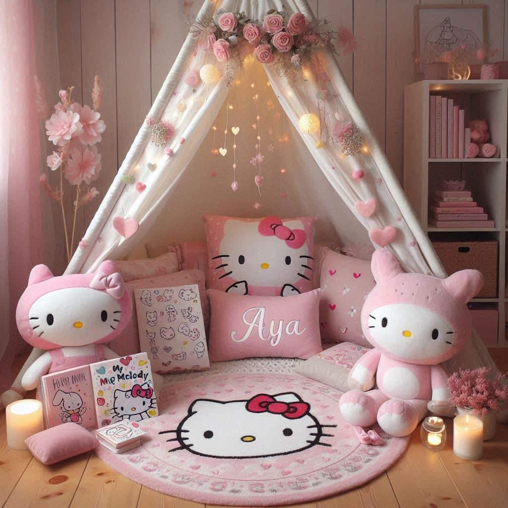 Un coin lecture inspire de hello kitty avec des tons roses et blancs personnalise avec le prenom aya