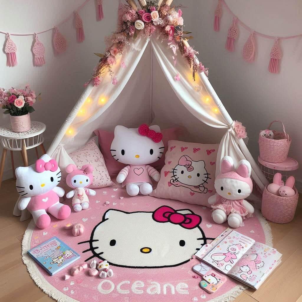Un coin lecture inspire de hello kitty avec des tons roses et blancs personnalise avec le prenom oceane 1